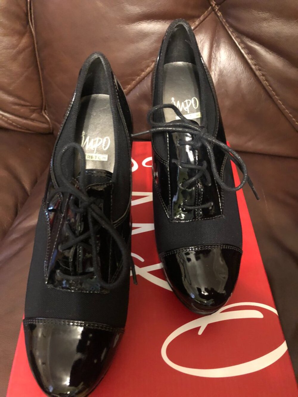 Impo Ozar Black Patent & Woven Stretch Oxford Platform High Heels 7.5 M - Picture 2 of 7